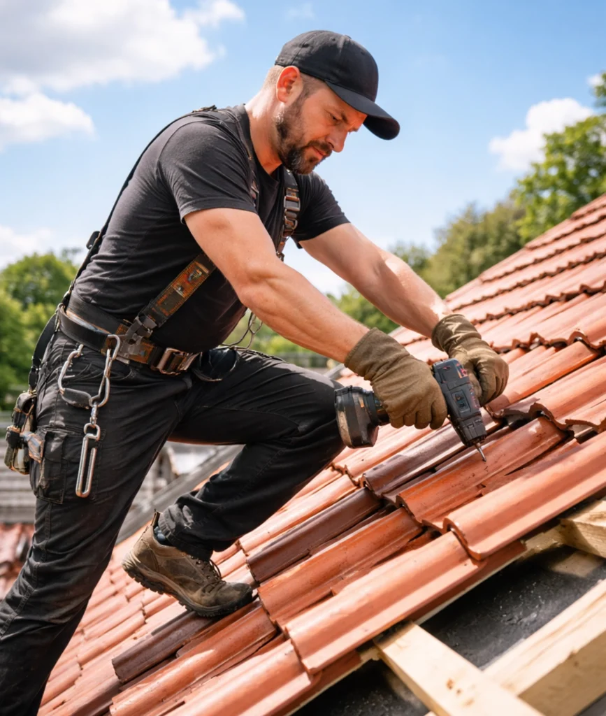 Dachdecker bei der Arbeit auf einem Ziegeldach