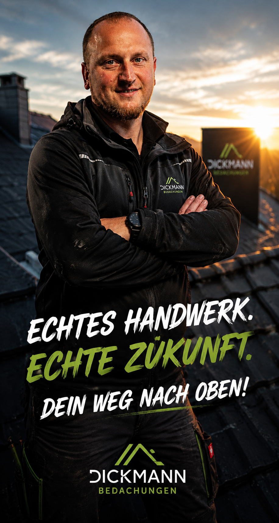 Werbemotiv von Dickmann Bedachungen: Dachdecker auf einem Dach, dazu der Spruch „Echtes Handwerk. Echte Zukunft. Dein Weg nach oben!“