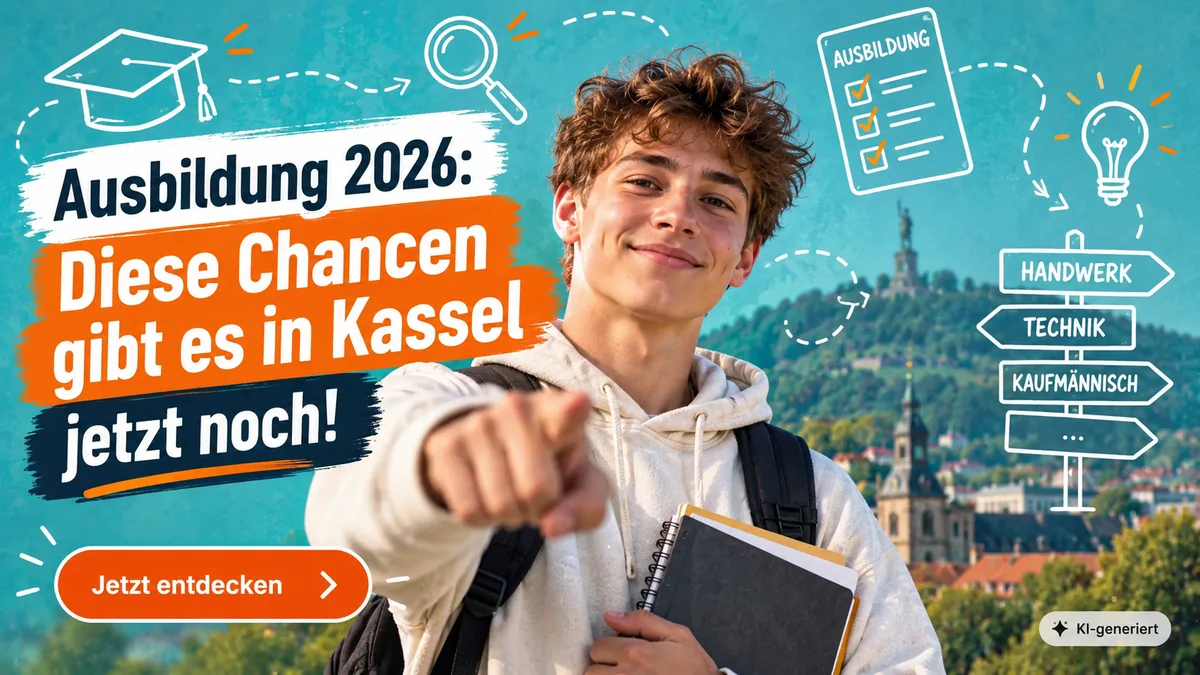 Jugendlicher vor der Kasseler Altstadt mit Herkules, dazu Wegweiser Handwerk, Technik und Kaufmaennisch. Text: Ausbildung 2026 – diese Chancen gibt es in Kassel jetzt noch.