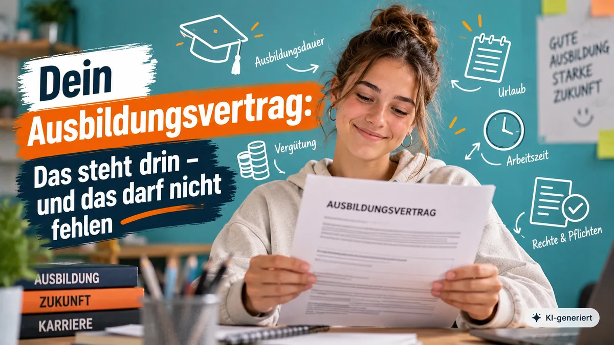 Junge Frau liest einen Ausbildungsvertrag, umgeben von Stichworten zu Ausbildungsdauer, Verguetung, Urlaub, Arbeitszeit sowie Rechten und Pflichten.