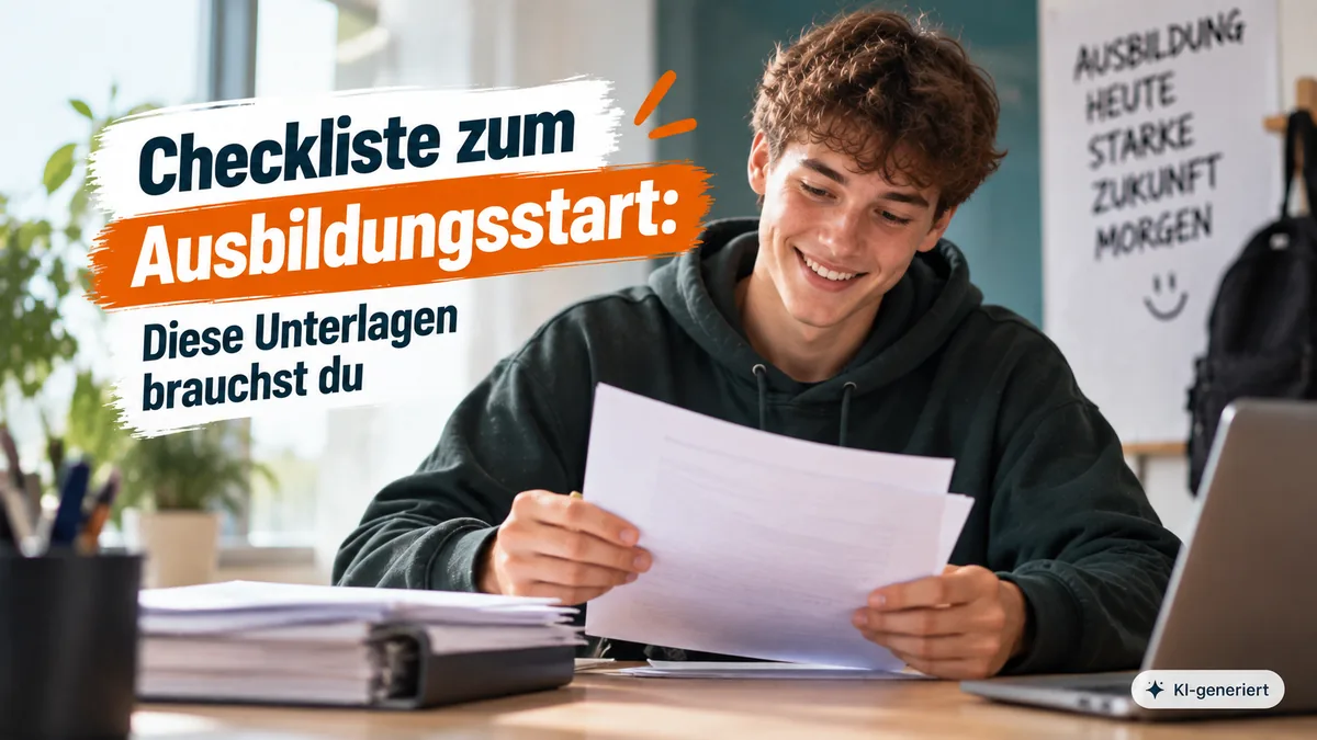 Junger Mann am Schreibtisch sortiert Unterlagen in einem Ordner. Text: Checkliste zum Ausbildungsstart – diese Unterlagen brauchst du.