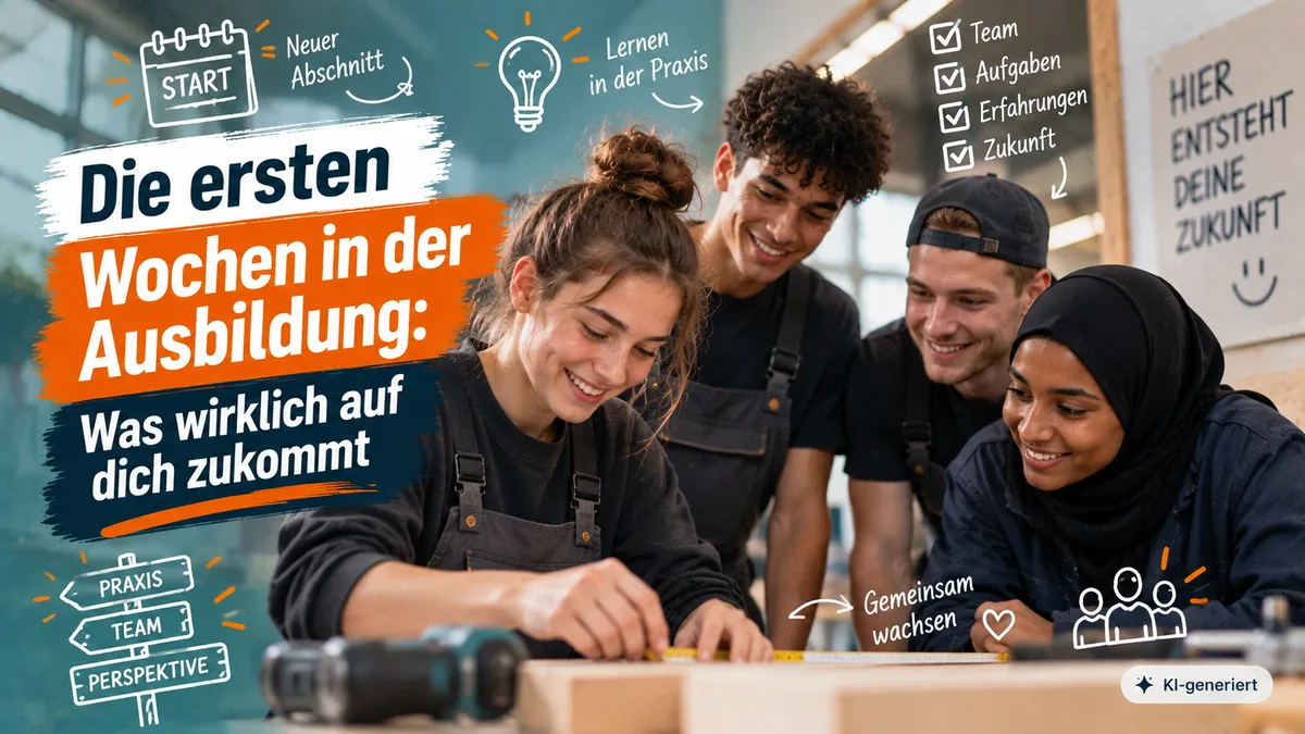 Vier Auszubildende in Arbeitskleidung messen gemeinsam ein Werkstueck in der Werkstatt an. Text: Die ersten Wochen in der Ausbildung – was wirklich auf dich zukommt.