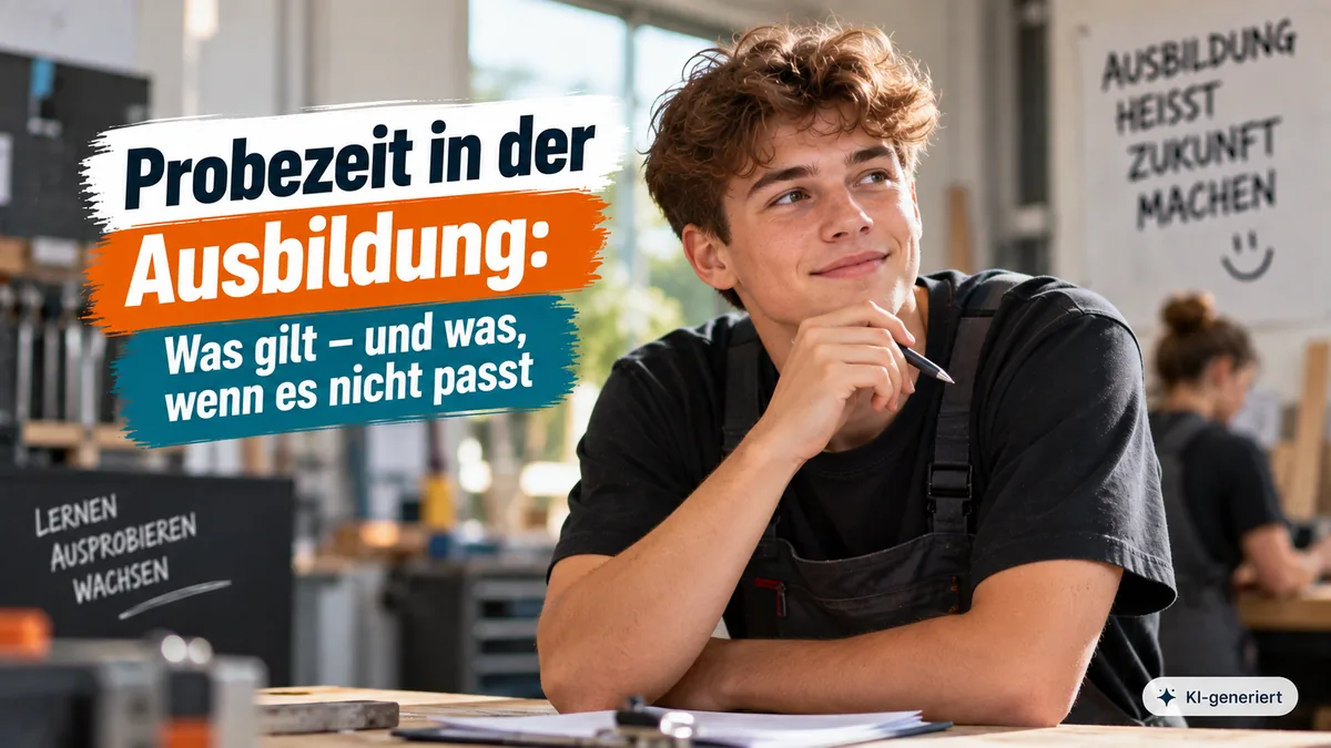 Nachdenklicher Auszubildender in der Werkstatt, im Hintergrund eine Tafel mit Lernen, Ausprobieren, Wachsen. Text: Probezeit in der Ausbildung – was gilt und was, wenn es nicht passt.