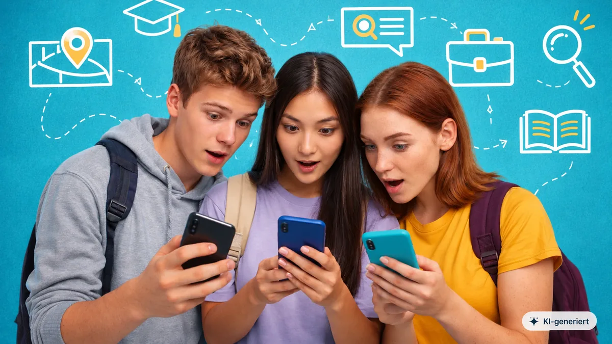Drei Jugendliche schauen gemeinsam auf ihre Smartphones und suchen nach Ausbildungsplaetzen, umgeben von Symbolen fuer Karte, Lupe, Beruf und Lernen.